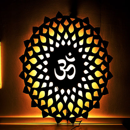 Wooden Mandala Art of the Symbol OM with Backlight and Shadow Effect